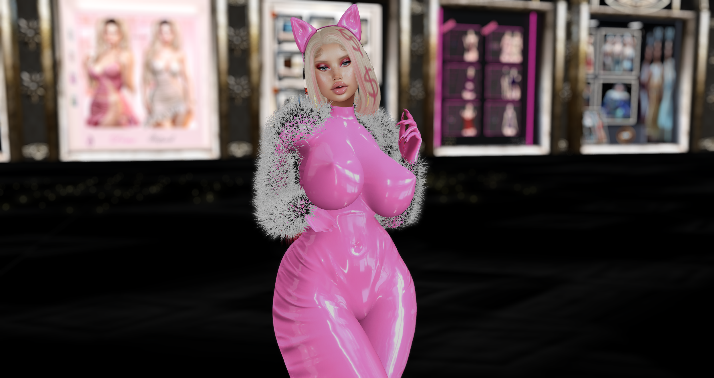Second Life Bimbo avatar in a shiny pink latex outfit, high-gloss body and attitude.