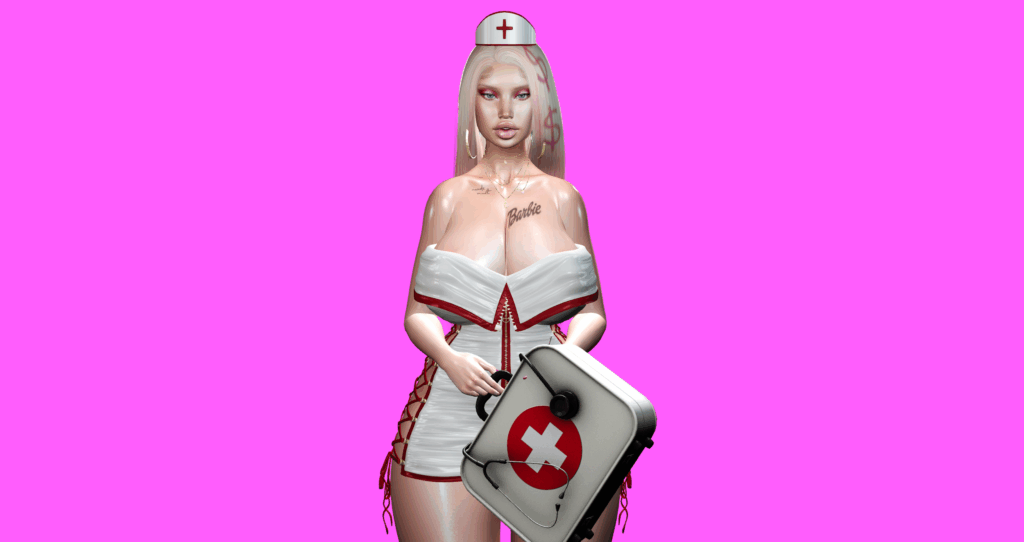 Barbie dressed as a sexy nurse in Second Life, white mini dress with red details and a totally unqualified sense of confidence.