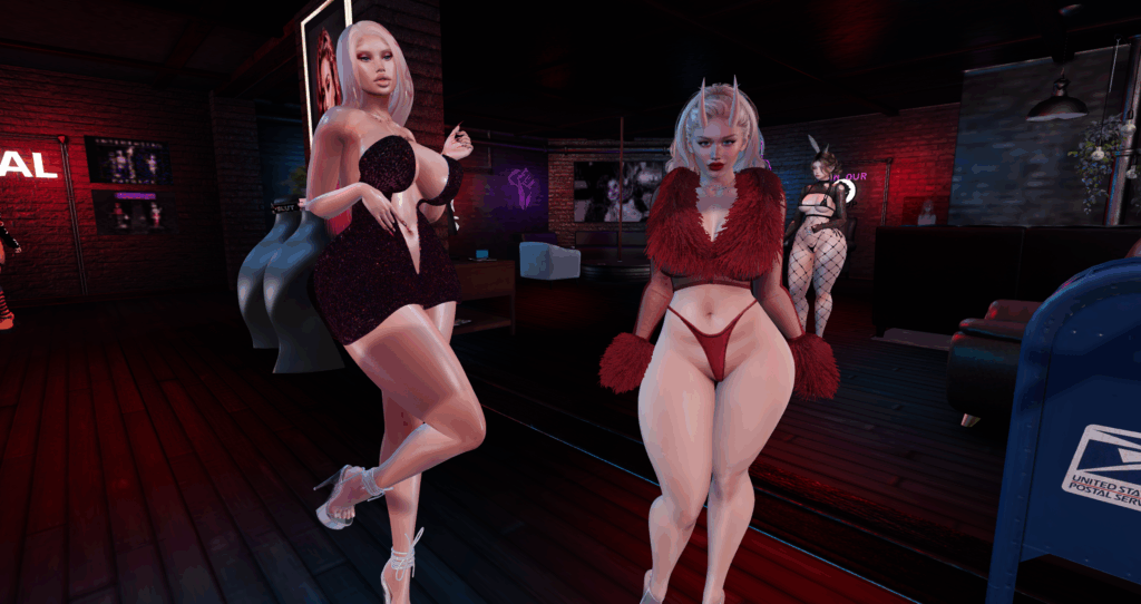 Second Life Bimbos Barbie and Diamond, visiting a club while using the Stepford Bimbo implant.